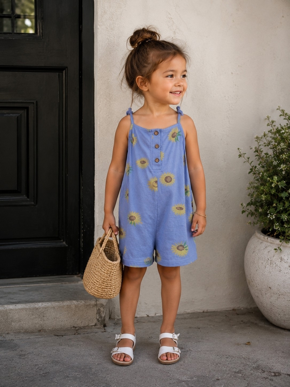 Zara Kids Girls 3-4 Blue Sunflower Wide Leg Romper Cottagecore Summer